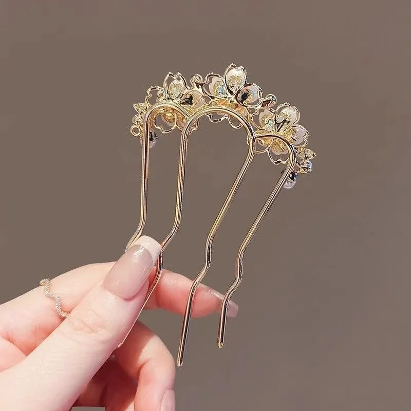 Peinetas para el cabello onduladas con flores y perlas para mujer, horquilla estilo bosque en forma de U, broche para el cabello con cabeza de moño de Metal de alta gama