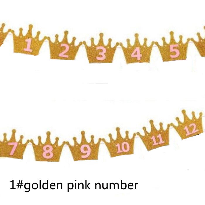Gouden/zilveren kroon feestvlag 1e verjaardag wimpel bel slinger banner wimpel decoratie diy bedankje: 1 goudroze nummer
