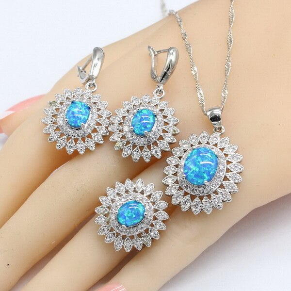 Zilveren sieradensets met blauwe opaal voor dames, kettinghangers, oorbellen en hemelsblauwe kristallen zirkonia armbanden: 3 stuks / 10