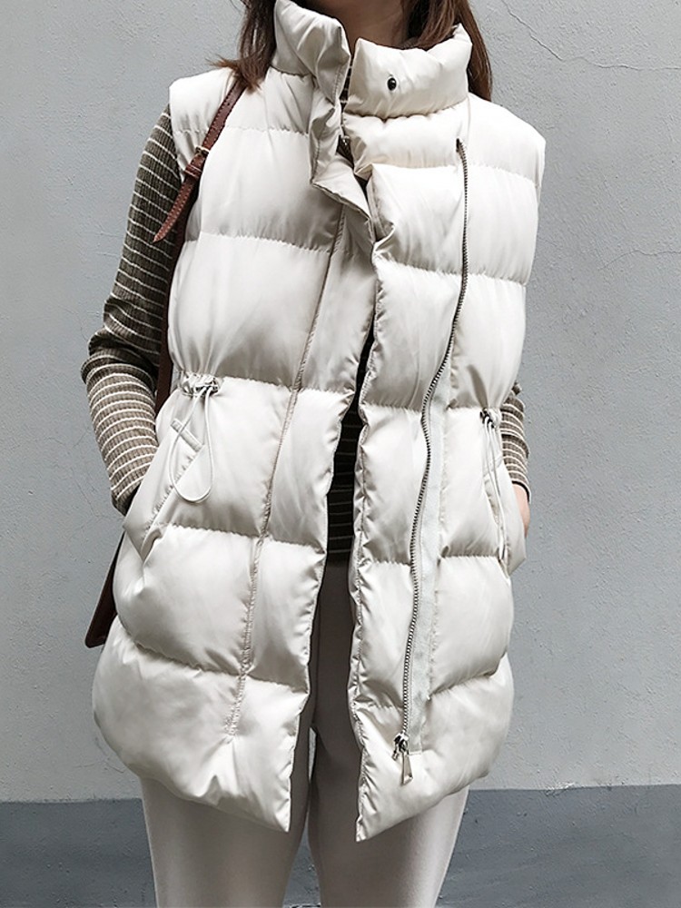 Winter Long Sleeveless Vest Coats Women Stand Neck Slim Cotton Padded Jacket Vests Korean Zipper Jacket Woman Waistcoat: Beige / M