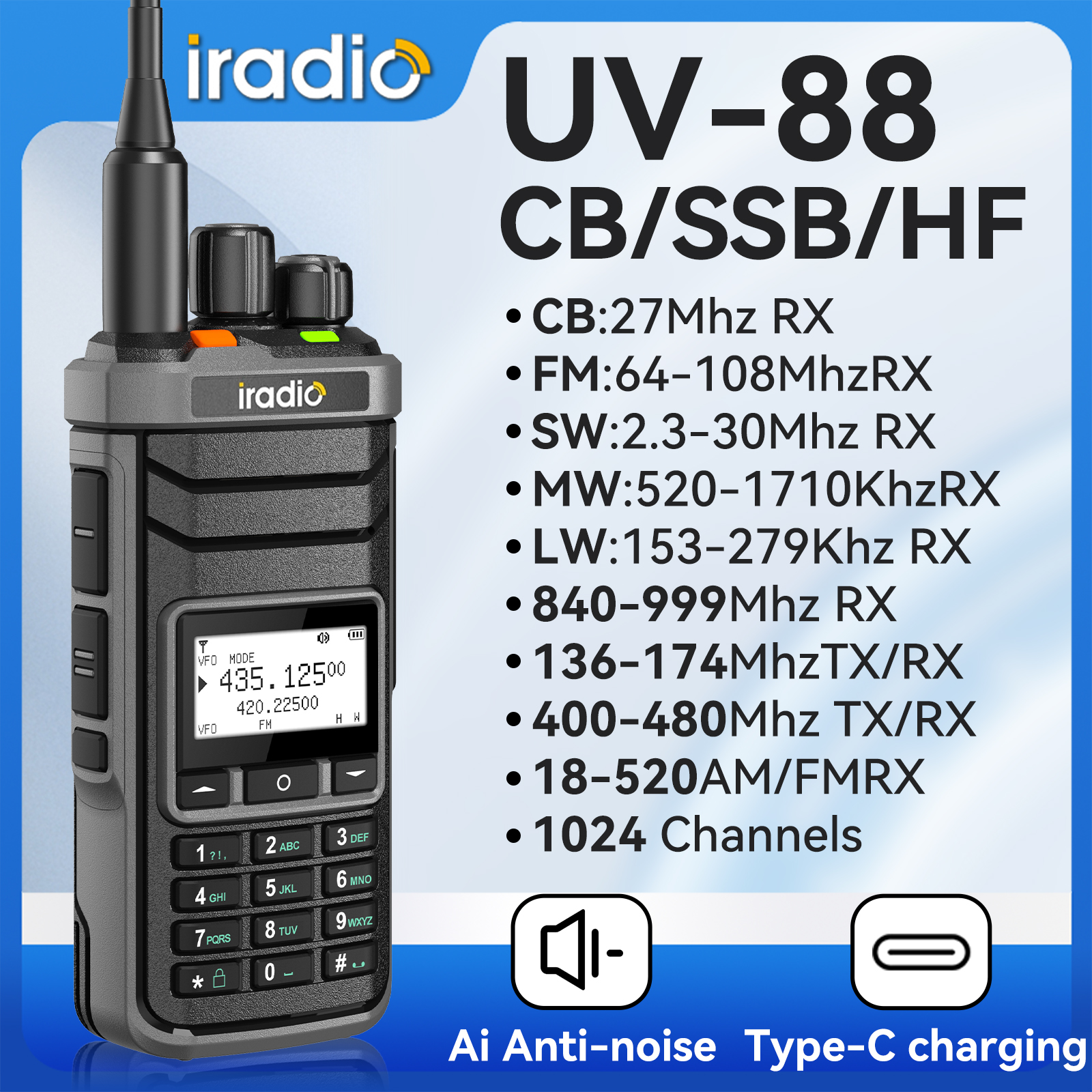 Iradio UV-88 Aviation Air Band AM FM USB CB Handheld Walkie Talkie LW MW SW SSBHF HF VHF UHF UV88