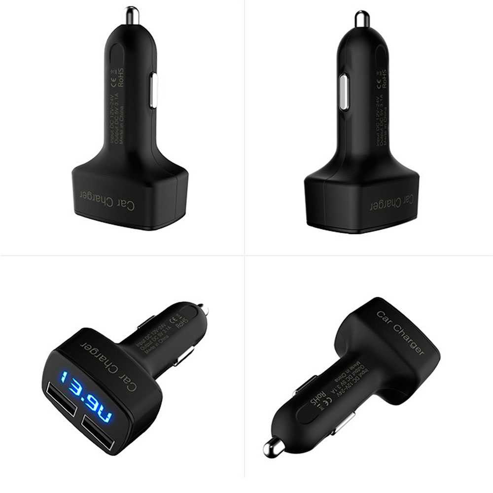Caricabatteria USB Doppio da Auto 2A per Smartphone Caricatore Voltmetro Amperometro Nero