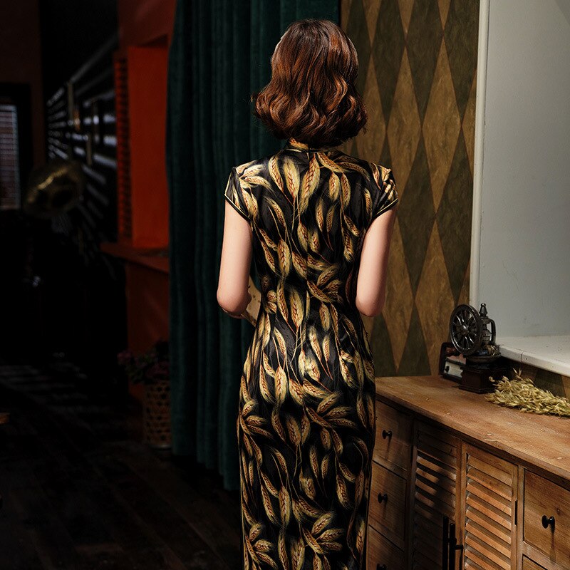 SHENG COCO-Vestido largo de seda con estampado de orejas de trigo, negro, dorado, de talla grande, estilo chino, Qipao