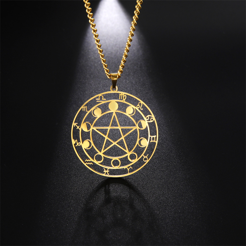 Wicca Pentagram Heks Ketting Roestvrij Staal Mannen Kettingen Amulet Voor Oneindig Heidense Religieuze Symbool Sieraden Kraag Hombre: Licht Geel Goud Kleur