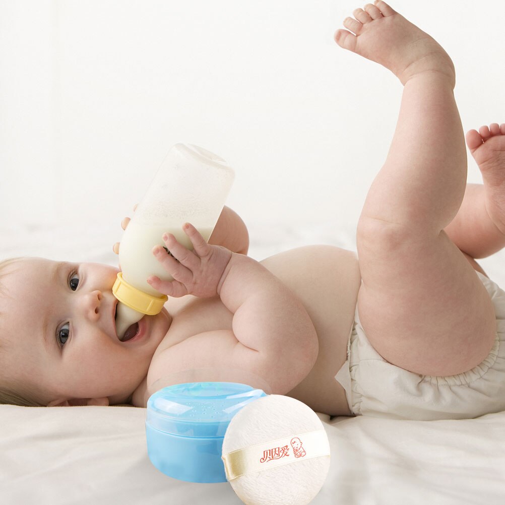 2Pcs After Bath Baby Powder Puff with Box Baby Infant Body Talcum Storage Boxes