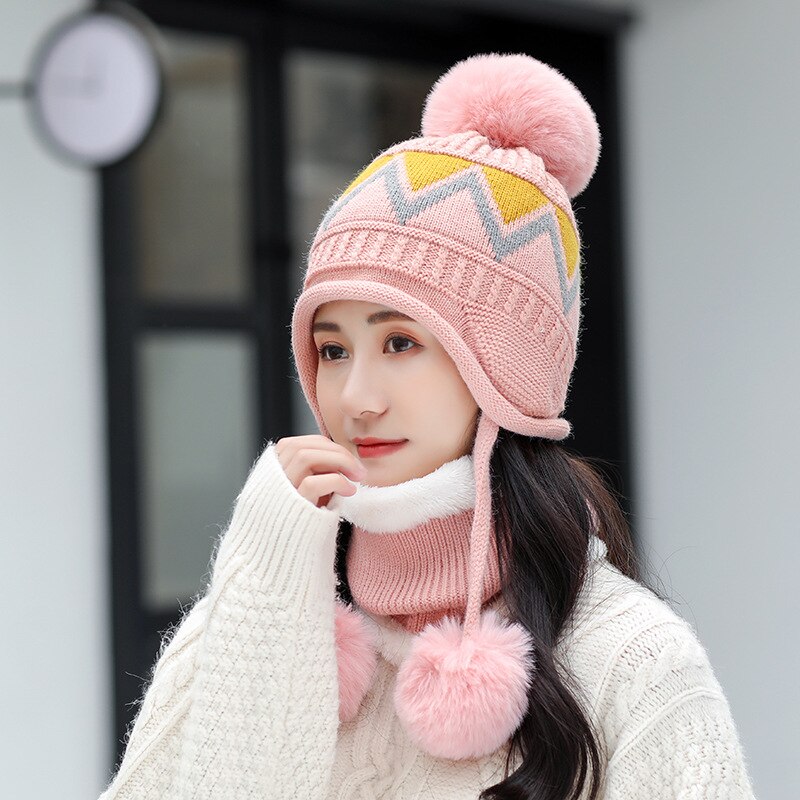 Winter Vrouwen Gebreide Muts Sjaal Twee Stukken Set Mode Wol Verdikking Hoed Kragen Vrouwelijke Warme Muts Casual Sneeuw cap: pink