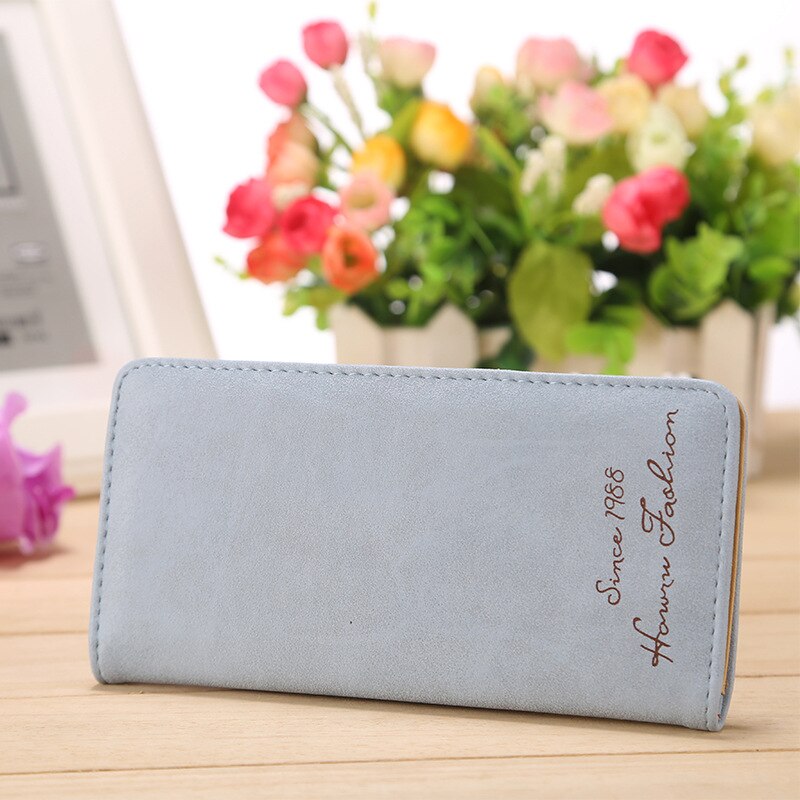 PU Leather Long Colorful Ladies Wallet Clip Thin Two Fold Women Slim Purse Letter Decoration Card Case: Blue