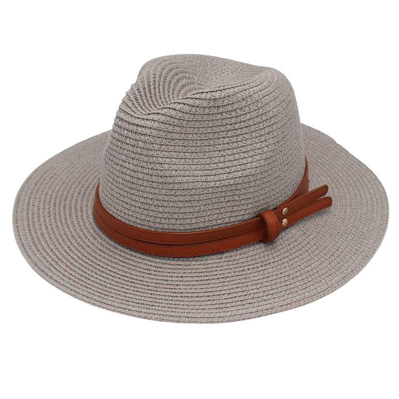 Chapeau d'été en paille pour femmes et hommes, à large bord, solide, Panama, pour la plage, décontracté, fait à la main, Protection UV: grey