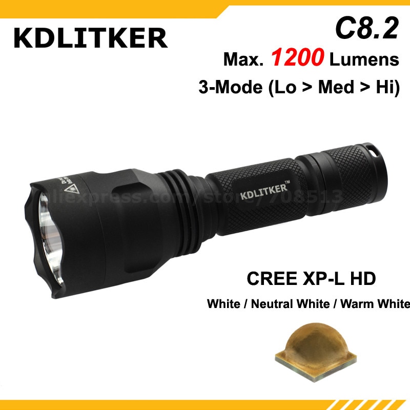 KDLITKER C8.2 Cree XP-L HD Wit 6500 K/Neutraal Wit 5000 K/Warm Wit 3000 K 1200 Lumen LED Zaklamp-Zwart (1x18650)