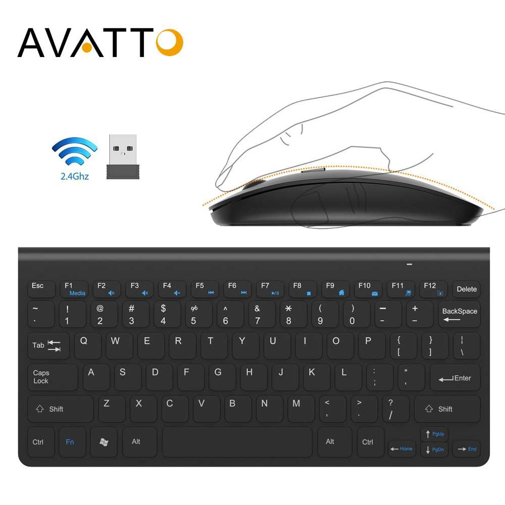 Avatto 2.4 ghz trådløst mini-tastatur og optisk mus combo  by 1 usb-modtager kontrol til desktop, computer pc, laptop, smart tv