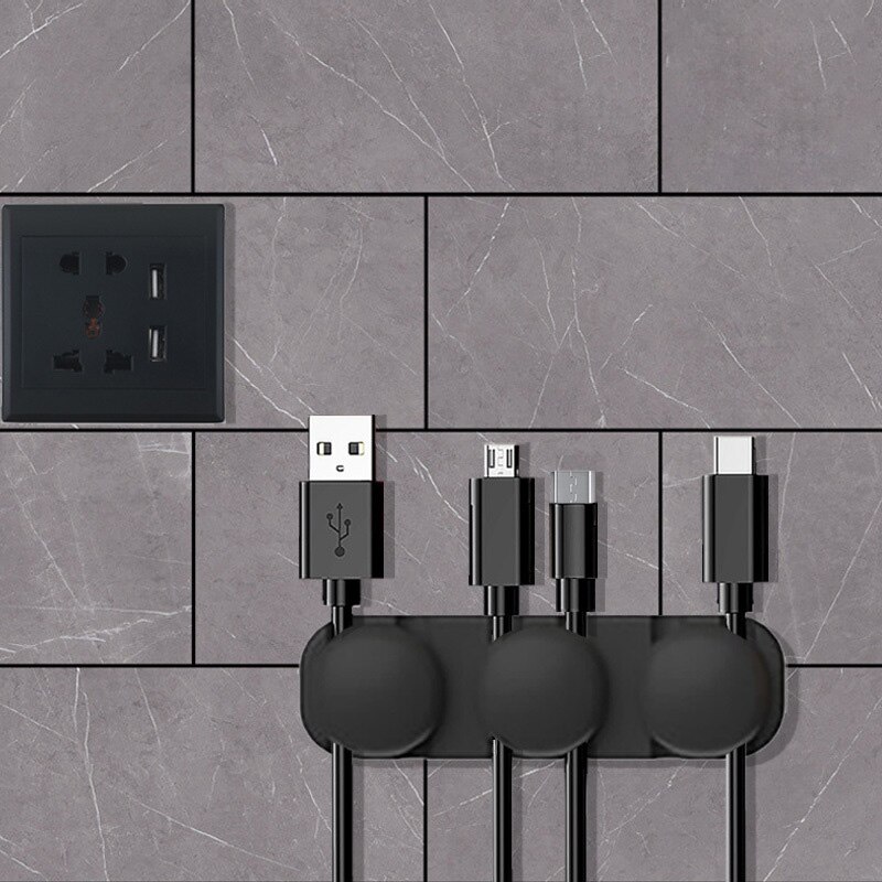 Tidy Management Clips Desktop Silicone Cable Organizer Flexible Usb Cord Winder Protector Holder for Mouse Keyboard Earphone: 6 Holes Black