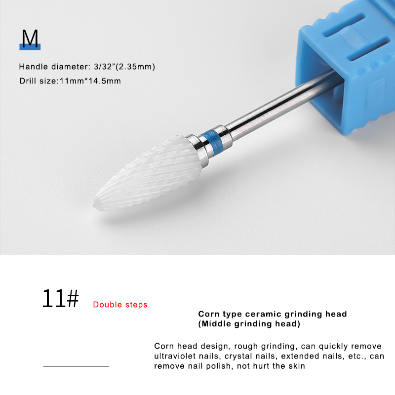 Broca limpiadora de uñas de cerámica blanca, taladro de uñas (arena: mediana), 3/32 ", tamaño de vástago, para limpieza de cutículas, seguridad: 11