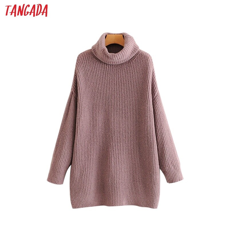 Tangada kvinder solide sweaters rullekravetrøjer oversize efterår vinter lang sweater frakke flagermusærmer løst strik top  hy31: Lys lilla / L