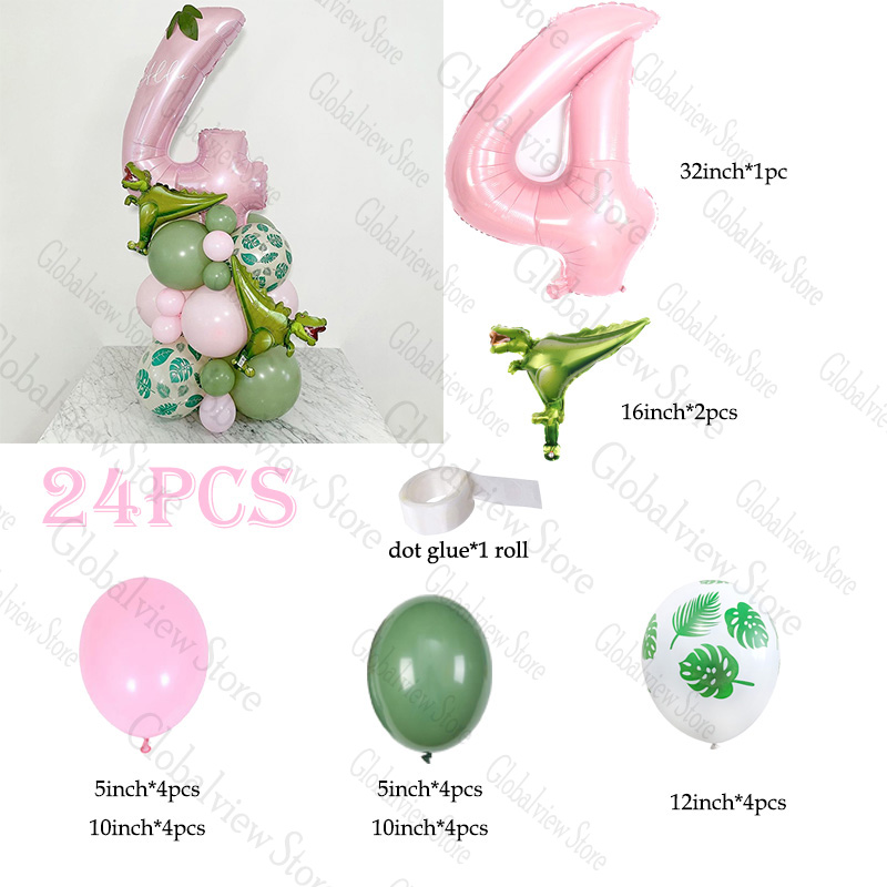 Roze dinosaurus ballon set Dino folie ballon boeket Dino thema verjaardagsfeestje decor meisje 3e verjaardag digitale nummer ballon: Emerald / I