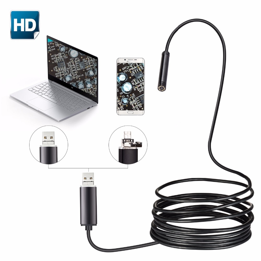 2in1 Android USB Endoscope Mini Camera 5.5mm 1M 2M 10M 5M Android Phone OTG USB Borescope Endoscoop Inspection Snake Tube Camera