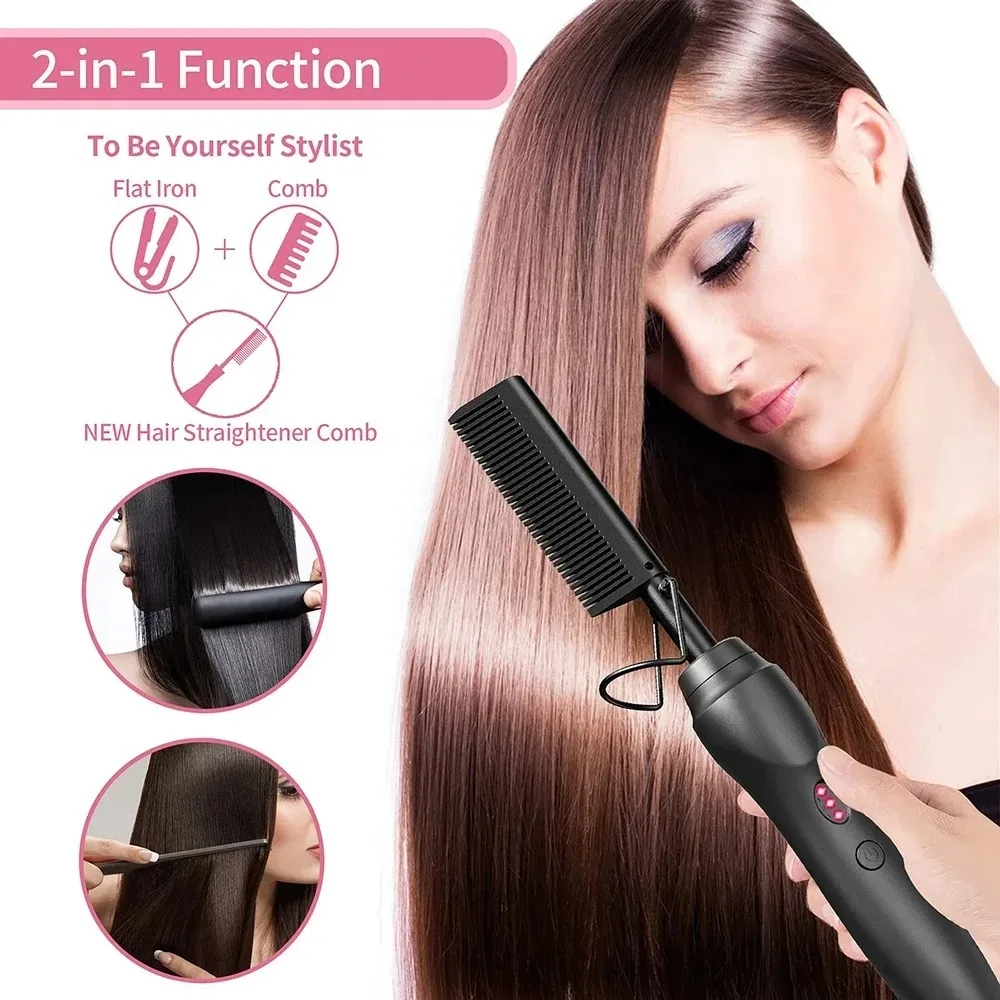 Portable Ceramic Hair Curler Electric Heating Comb Hair Straightener Curler Wet Dry Hair Straightening Hair Styling Tool