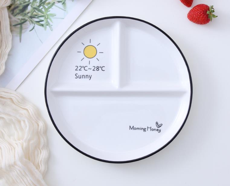48h Ceramic 8 inch one-person food household breakfast tableware children weight loss quantitative three-divided dinner plate: sunny day
