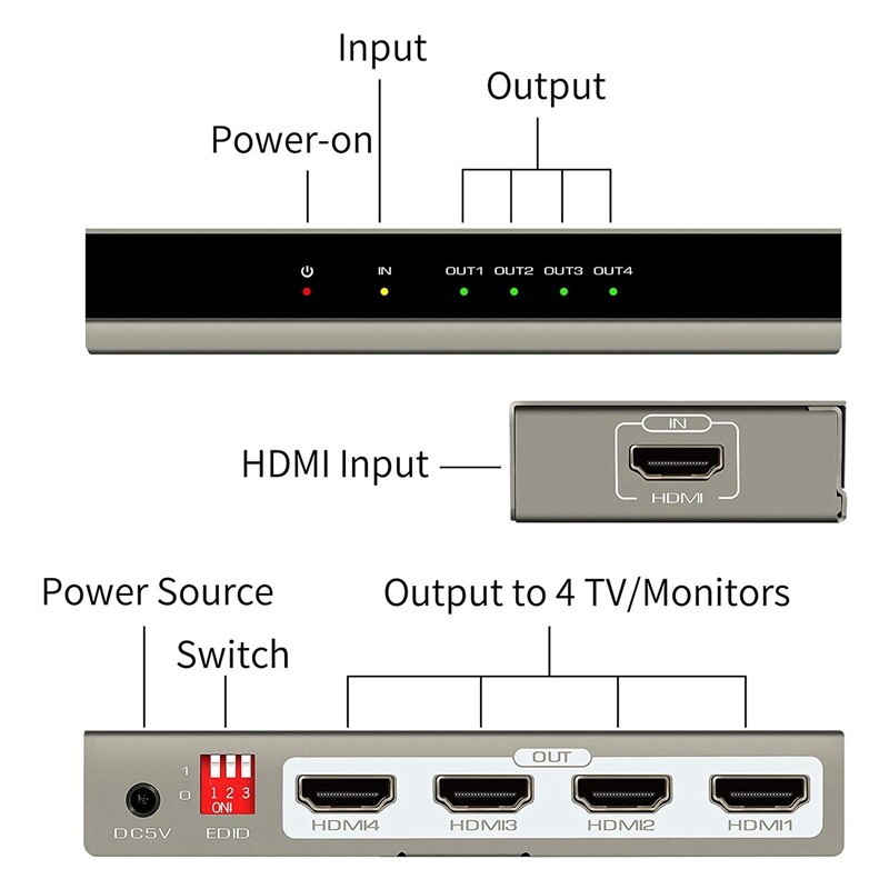 4k hdmi splitter 1 in 4 ut hdmi switch stöd 3d 1080p edid hdcp för  , ps4, ps3, blu-ray spelare, dvd, hdtv(eu plug)