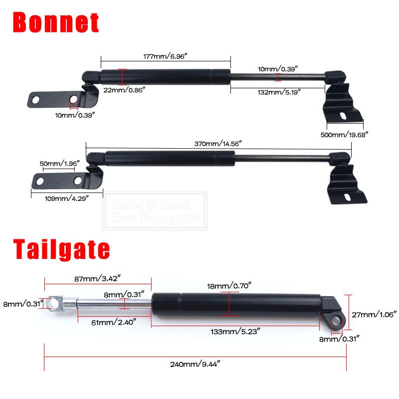 Front Bonnet &amp; Tailgate Gas Lift Support Struts Bars For Toyota Hilux Vigo SR5 2005 2006 2007