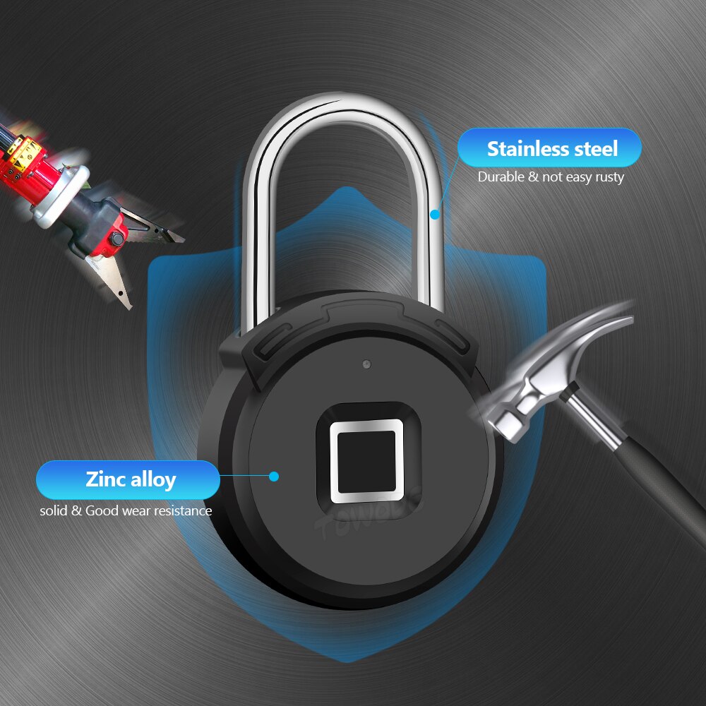 TOWODE Bluetooth Fingerprint Unlock Door Padlock Portable Smart Waterproof Keyless Lock USB APP Control Android IOS Phone