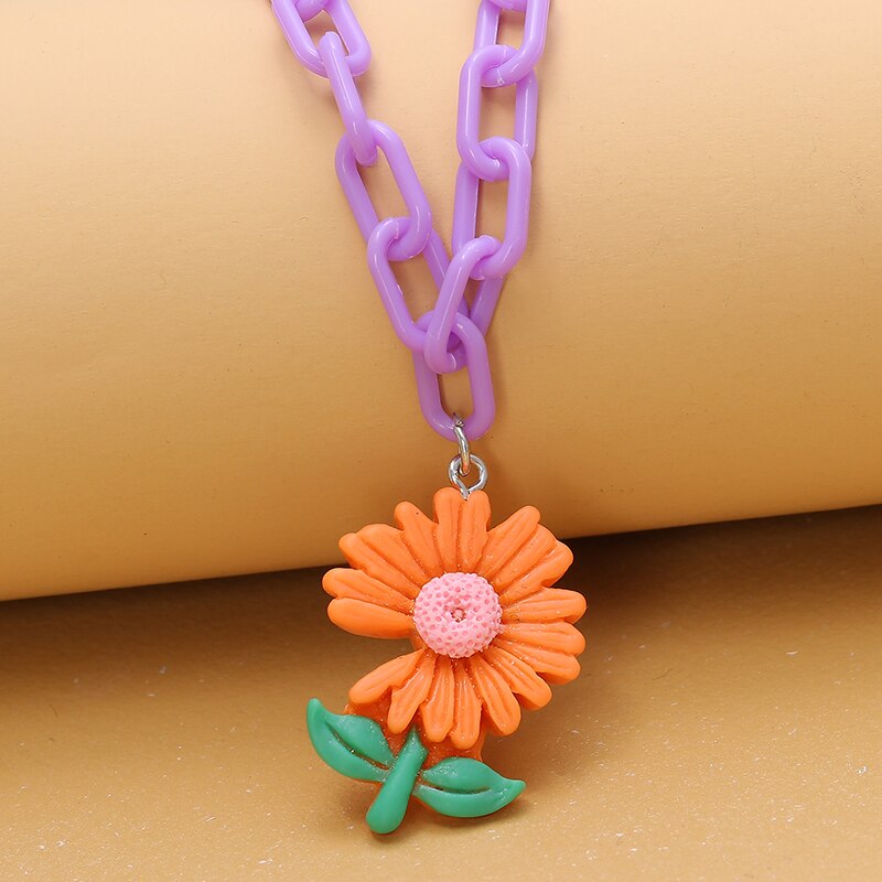 Chic Colorful Daisy Flower Pendant Necklace For Women Cute Resin Square Chain Choker Necklace Jewelry For Girl Spring: XL1974