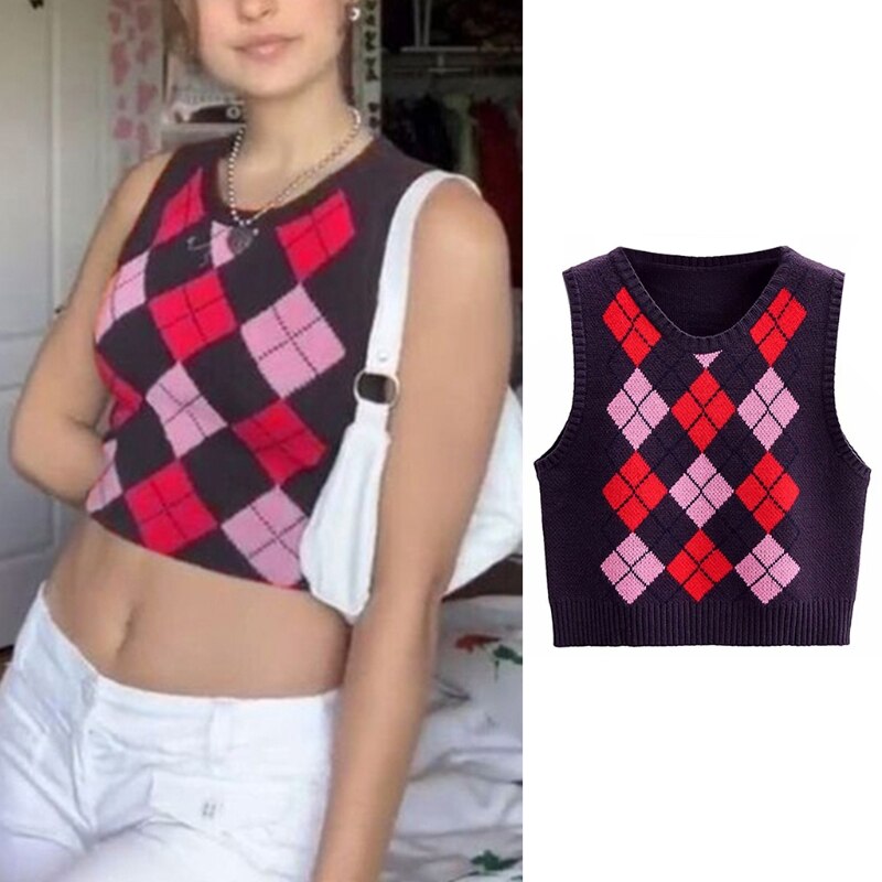 Femmes sans manches tricot pull gilet losange Plaid Preppy Style recadrée débardeur 83XF