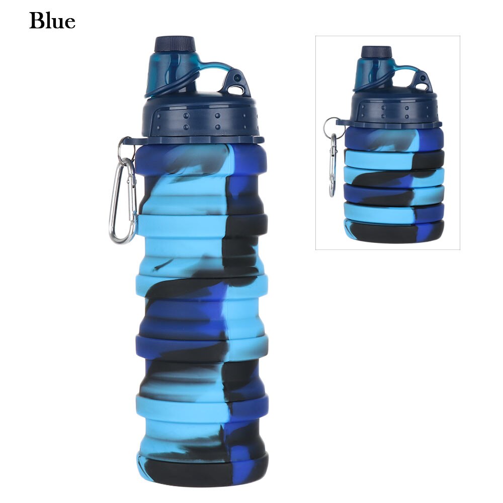 Draagbare Outdoor Opvouwbare Cups Siliconen Wandelen Camping Herbruikbare Fles Lekvrije Reizen Telescopische Water Fles Met Karabijnhaak: blue