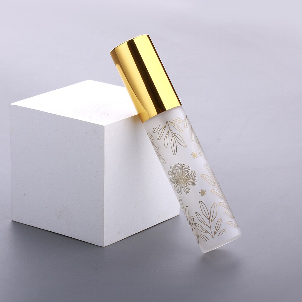100 Stks/partij 10Ml Blad Patroon Frosted Parfum Fles Glas Verstuiver Aluminium Cap Spray Reizen Flessen: Goud