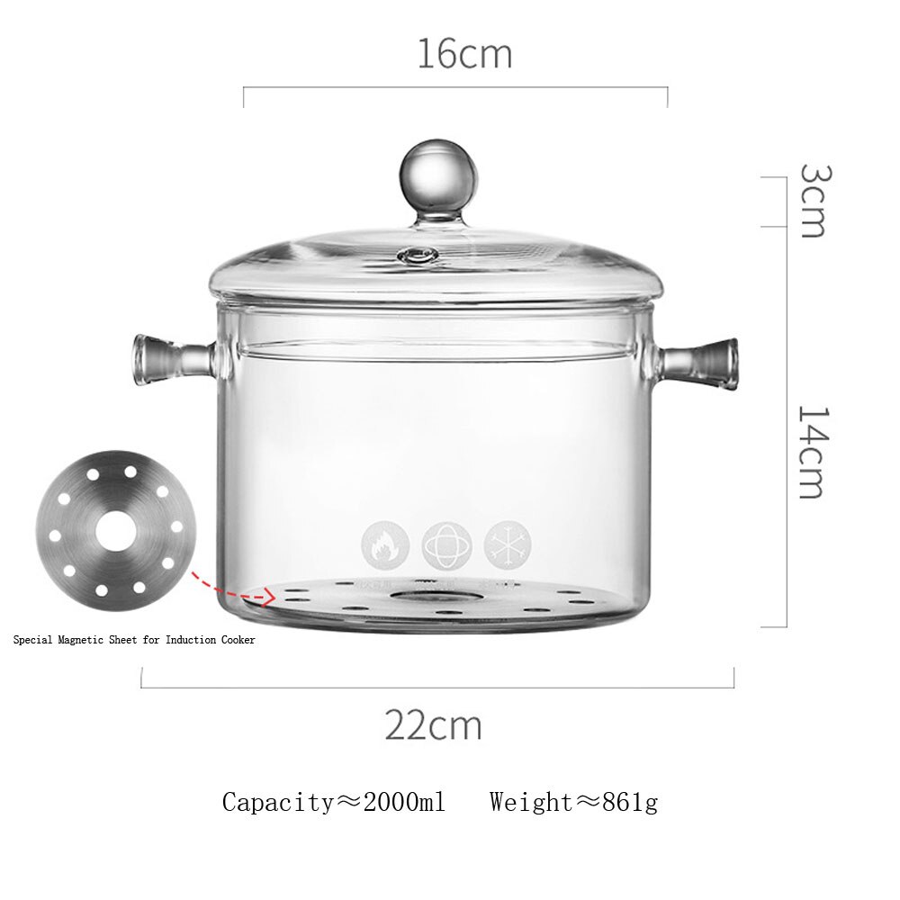 Glass Saucepan Stove Pot Transparent Borosilicate Glass Cooking Pot Stockpot Heat Resistant Boil Water Noodles Bowl Soup Cooker: 2.0L  Magnetic Sheet