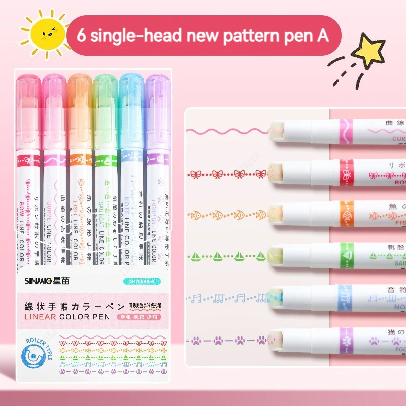 6 stks/set Bloem Lijn Vorm Markeerstift Roller Tip Curve Liner Marker Kawaii Koreaanse Briefpapier School Kantoorbenodigdheden: WHITE