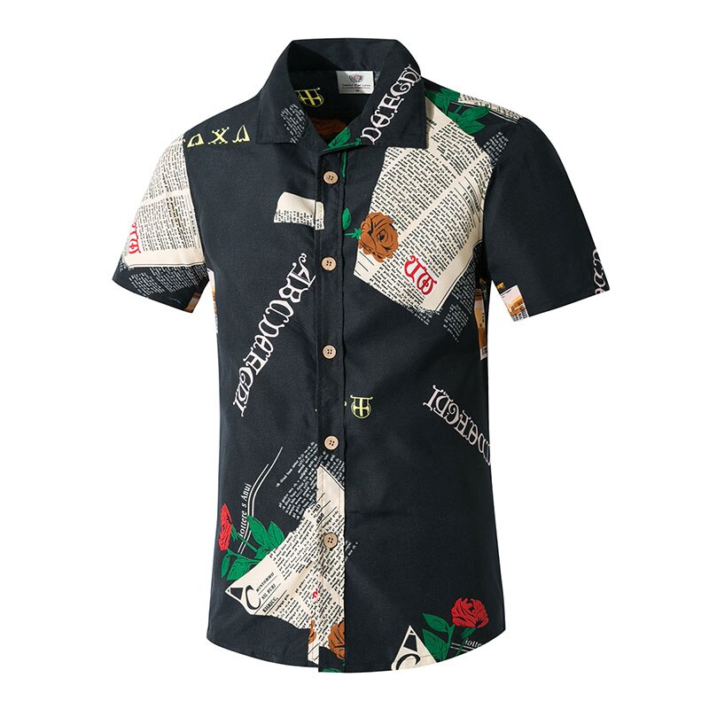 Summer Men's Hawaii Beach Shirt Casual Printed Short Sleeve Shirts Plus Asian M-4XL: Black / XXL