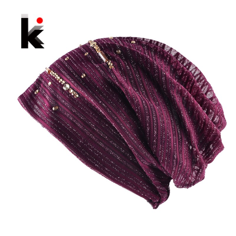 Lace Striped Rhinestones Beanie Hats For Women Casual Diamond Turban Bonnet Caps Female Thin Skullies E Gorros Mulheres