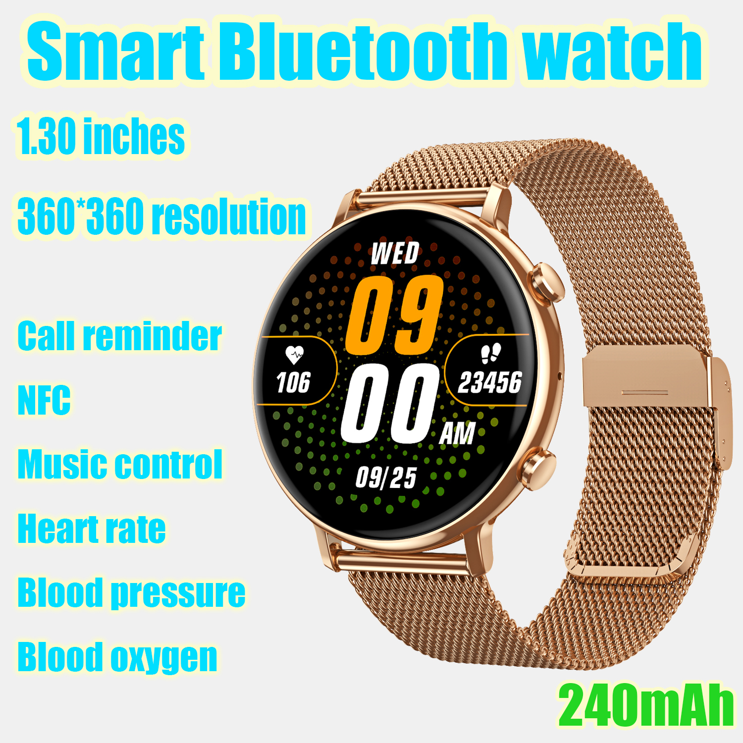 Relógio inteligente bluetooth chamada pagamento notificação de chamada tela cheia toque 1.3 polegadas freqüência cardíaca pressão arterial oxigênio no sangue nfc sono