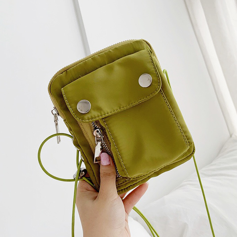 Solid Color Women Mini Crossbody Phone Bag Brand Ladies Crossbody Shoulder Bag Street Style Nylon Purse Whole: Avocado green