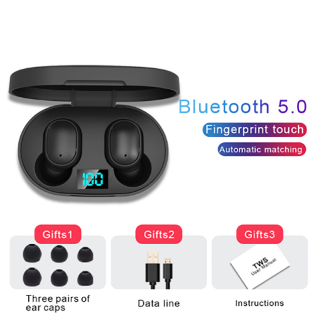 E6s Bluetooth 5.0 Koptelefoon Draadloze In-Ear Sport Oordopjes Stereo Headset Met Microfoon Opladen Doos Voor Xiaomi Apple Samsung huawei: black