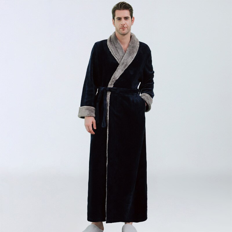 Fdfklak Men's Flannel Bathrobe Winter Long Thick Warm Sleepwear Long Sleeve Dressing Gown Male Casual Home Wear