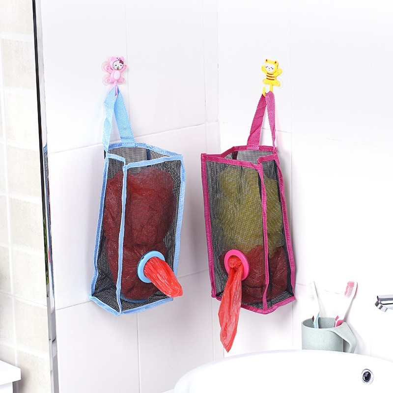 Hanging Trash Bag Storage Shopping Bagstor Container Plastic Basket Mesh Trash Storage Bag Kitchen Organizing Tool