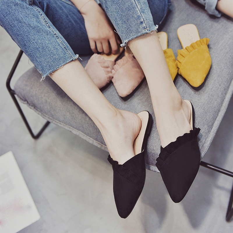 Sommer tøfler sko kvinner uformell laciness lukket tå muldyr ensfarget ville flip flops utendørs flate lysbilder sandaler