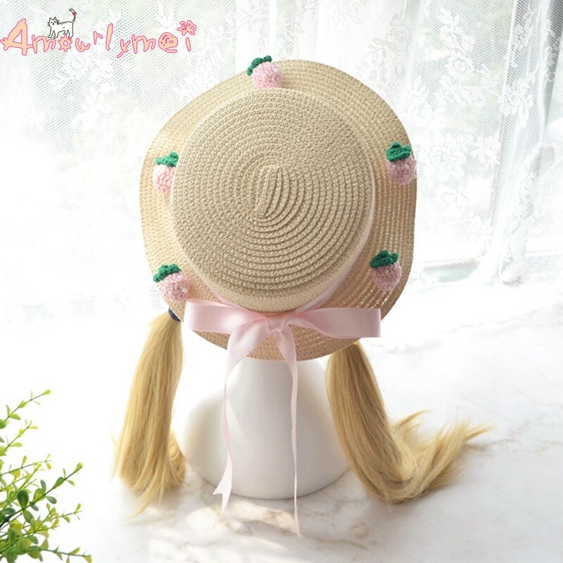 Amourlymei, , novedad de , sombrero de playa de verano para mujer, sombrero de sol estilo japonés Mori Girl Lolita Kawaii, sombreros de paja con lazo rosa fresa