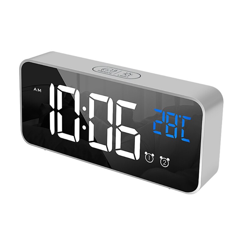 LED Digital Music Alarm Clock 2 Alarms Voice Control Clock Snooze Temperature Display Despertador Electronic Desktop Clocks: silver