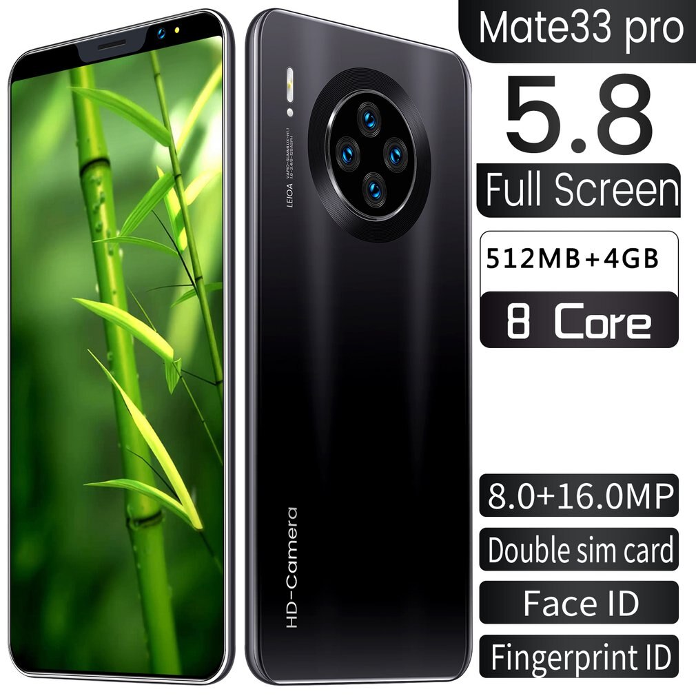 Mate33 pro smartphone com 512m + 4ggb grande memória 5.8 Polegada suporte de tela face/impressão digital desbloqueio duplo sim telefones celulares: black / Europa