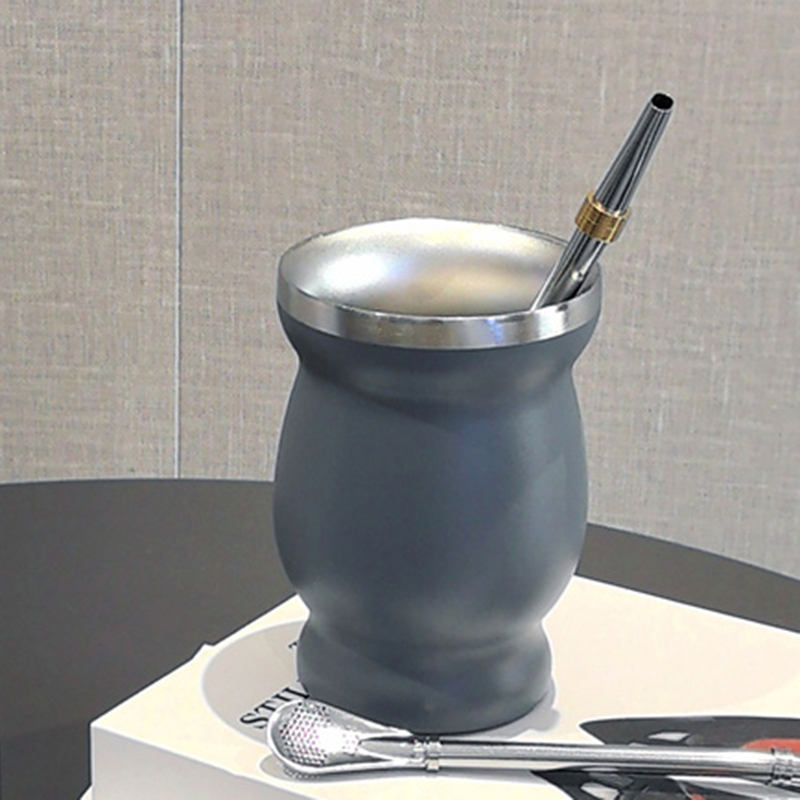 1 Set Yerba Mate Cup 304 Roestvrij Staal Dubbelwandige 8 Oz Yerba Mate Kalebas Cup Met Stro Lepel En Reinigingsborstel theewaar Sets: Light Grey