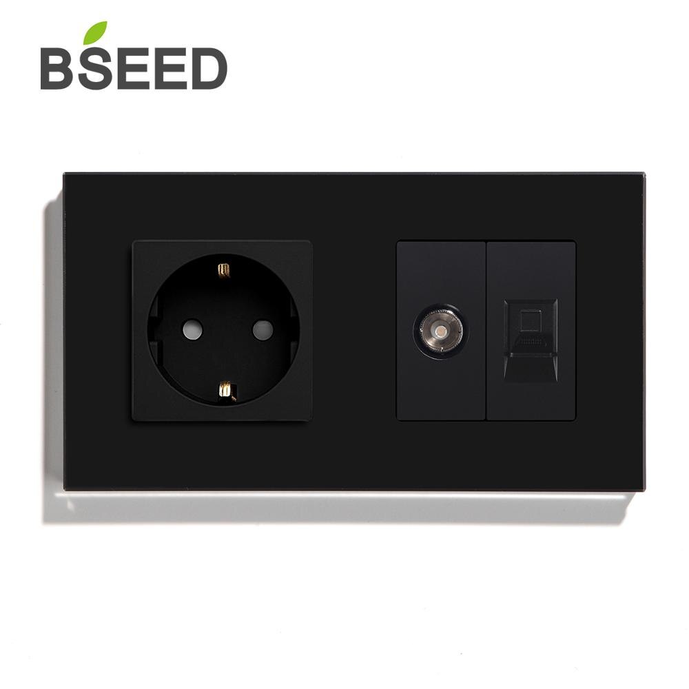 BSEED EU Standard Steckdose TV PC Mit Buchse Kristall Glas Tafel Weiß Schwarz Goldene EU Standard