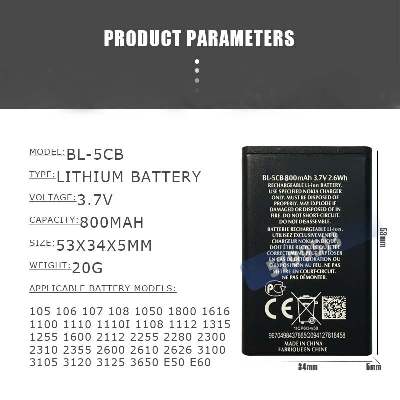 1PC 800mAh BL-5CB BL5CB Lithium Li-Po Battery For Nokia 1616 1050 1000 1280 1800 C1-02 106 1200 3600 2135 6620 Phone batteries