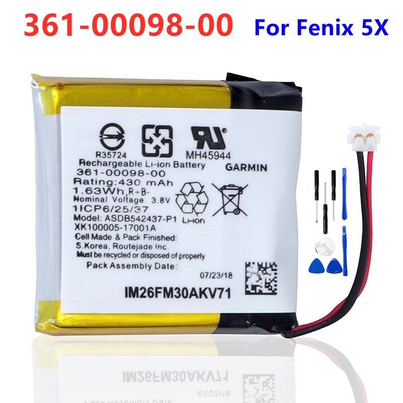 Batterie de remplacement 361-00097-00 361-00096-00 361-00098-00 pour montre intelligente Garmin Fenix 5, Fenix 5s: For Fenix 5X