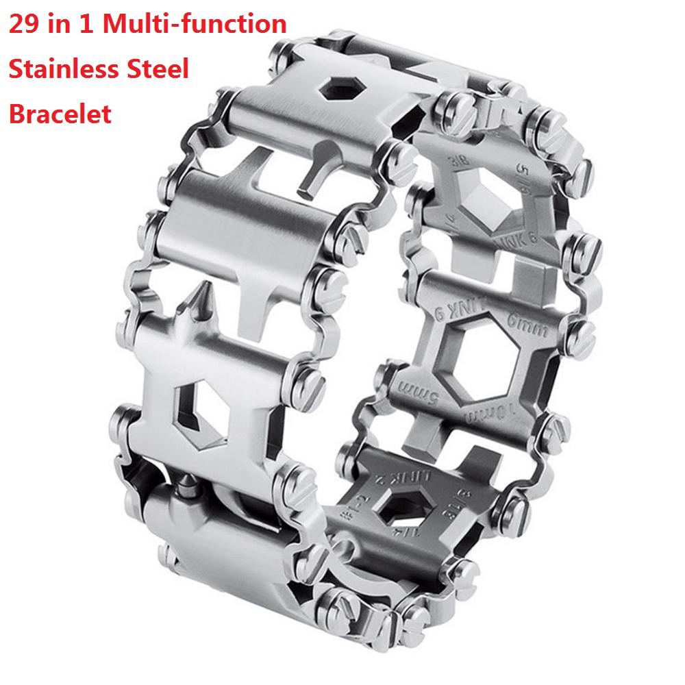 29 en 1 Bracelet multifonction Bracelet de bande de roulement en acier inoxydable boulon pilote trousse à outils amical portable vélo Pesca Multitool outil: 1pc Silver Bracelet