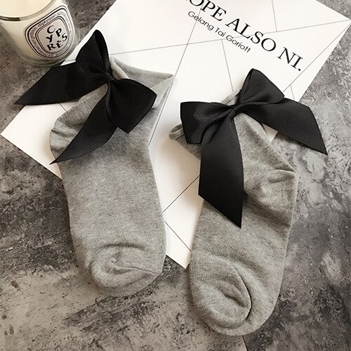 Winter Autumn Spring Sweet Curl Cotton After The Heel Ribbon Big Bow Short Socks Wild Chaussette Female Herring Ankle Socks: Bow Socks gray black