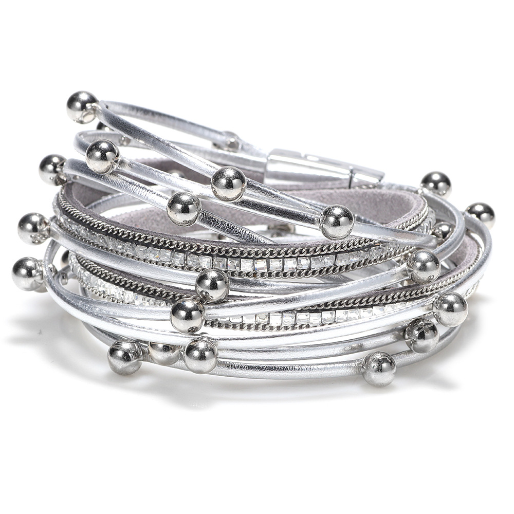 Rhinestone Beads Multilayer Ethnic Trendy Leather Bracelets Women Girl Cuff Bangle Female Jewelry geometric