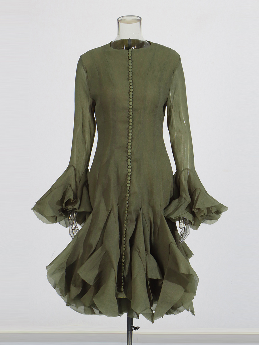 VGH Solide Abnehmen Verstärktes Geschmack Kleider Für Frauen Rundhals aufflackern Hülse Hohe Taille Drapierte Saum Temperament Kleid Weibliche Neue: XL / Grün