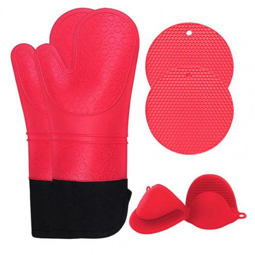 5Pcs/Set Oven Mitts Flexible Heat Insulation Silicone Extra Long Mittens Gloves Pot Holders Placemat for Kitchen: Red